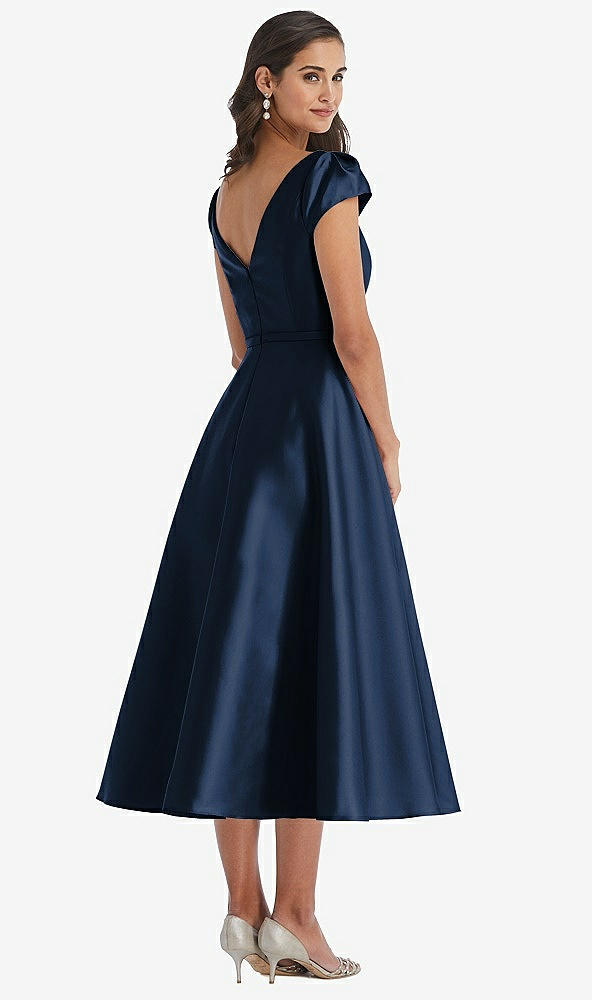 Back View - Midnight Navy Puff Sleeve Bow-Waist Full Skirt Satin Midi Dress