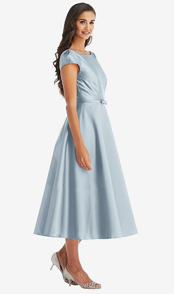 Front View - Mist Puff Sleeve Bow-Waist Full Skirt Satin Midi Dress