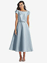 Side View Thumbnail - Mist Puff Sleeve Bow-Waist Full Skirt Satin Midi Dress