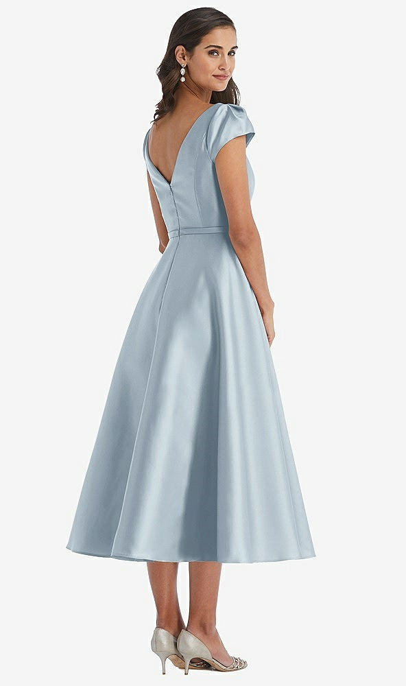 Back View - Mist Puff Sleeve Bow-Waist Full Skirt Satin Midi Dress