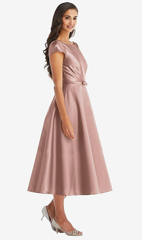 Front View - Neu Nude Puff Sleeve Bow-Waist Full Skirt Satin Midi Dress