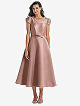 Side View Thumbnail - Neu Nude Puff Sleeve Bow-Waist Full Skirt Satin Midi Dress