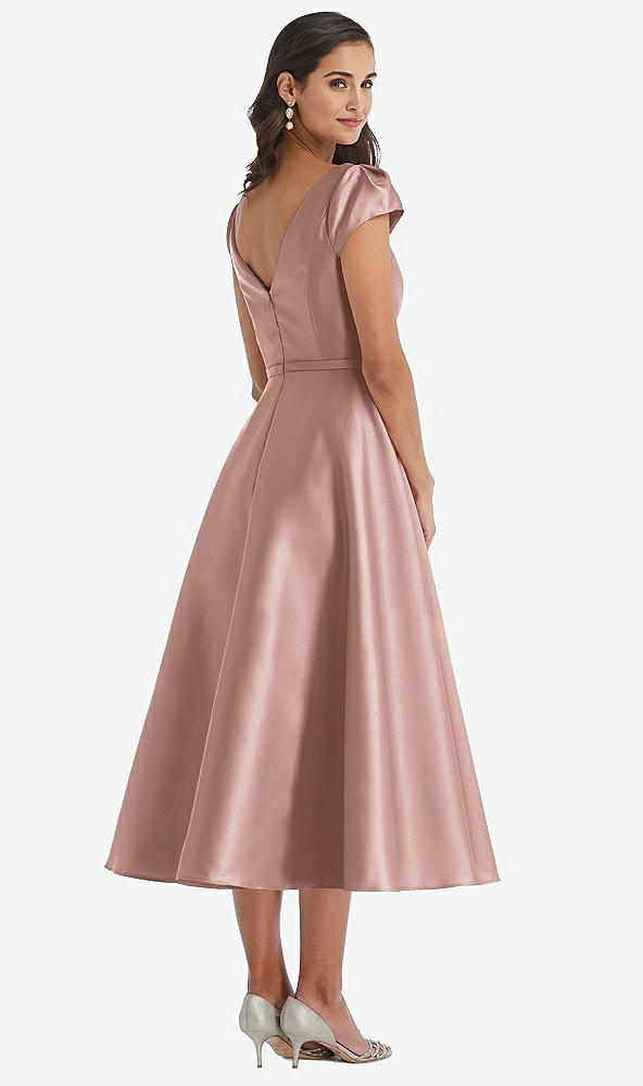 Back View - Neu Nude Puff Sleeve Bow-Waist Full Skirt Satin Midi Dress