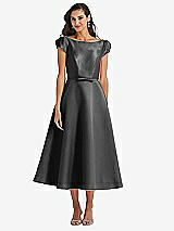 Side View Thumbnail - Pewter Puff Sleeve Bow-Waist Full Skirt Satin Midi Dress