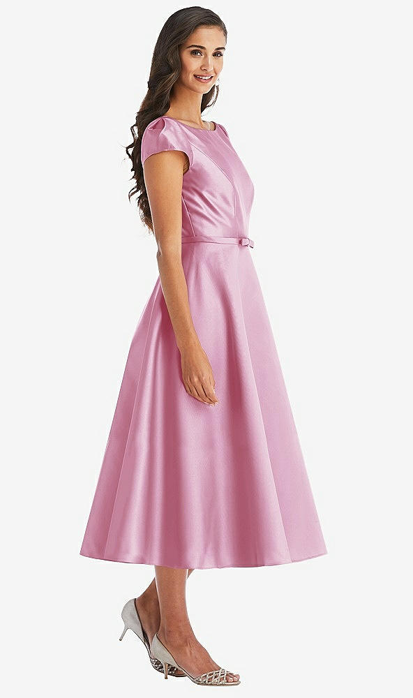 Front View - Powder Pink Puff Sleeve Bow-Waist Full Skirt Satin Midi Dress