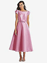 Side View Thumbnail - Powder Pink Puff Sleeve Bow-Waist Full Skirt Satin Midi Dress