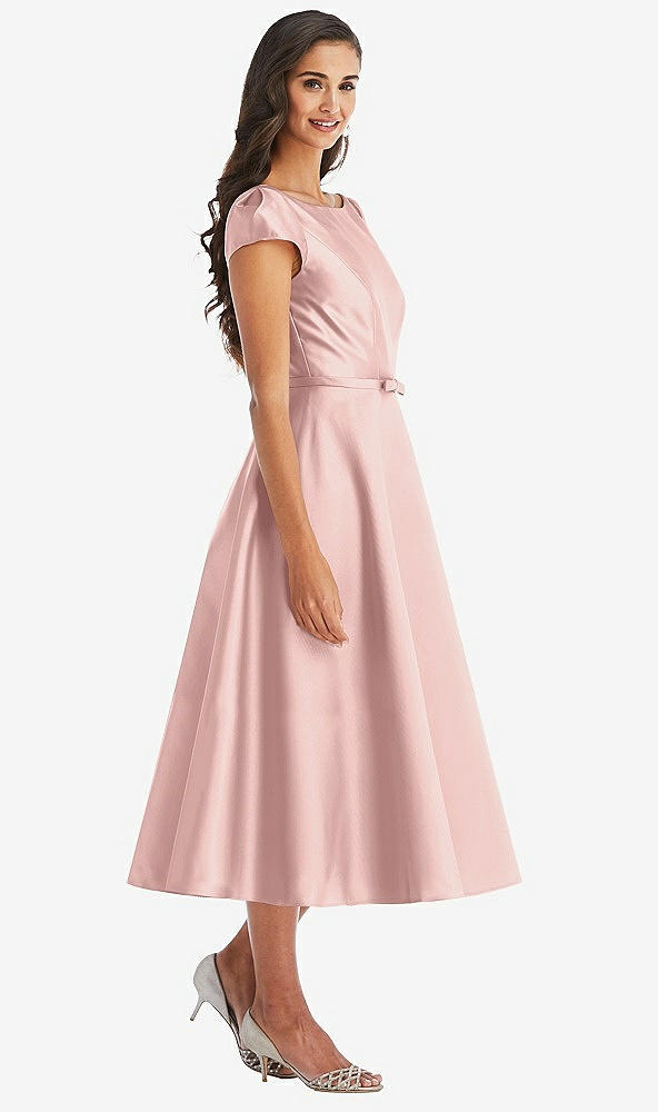 Front View - Rose Puff Sleeve Bow-Waist Full Skirt Satin Midi Dress