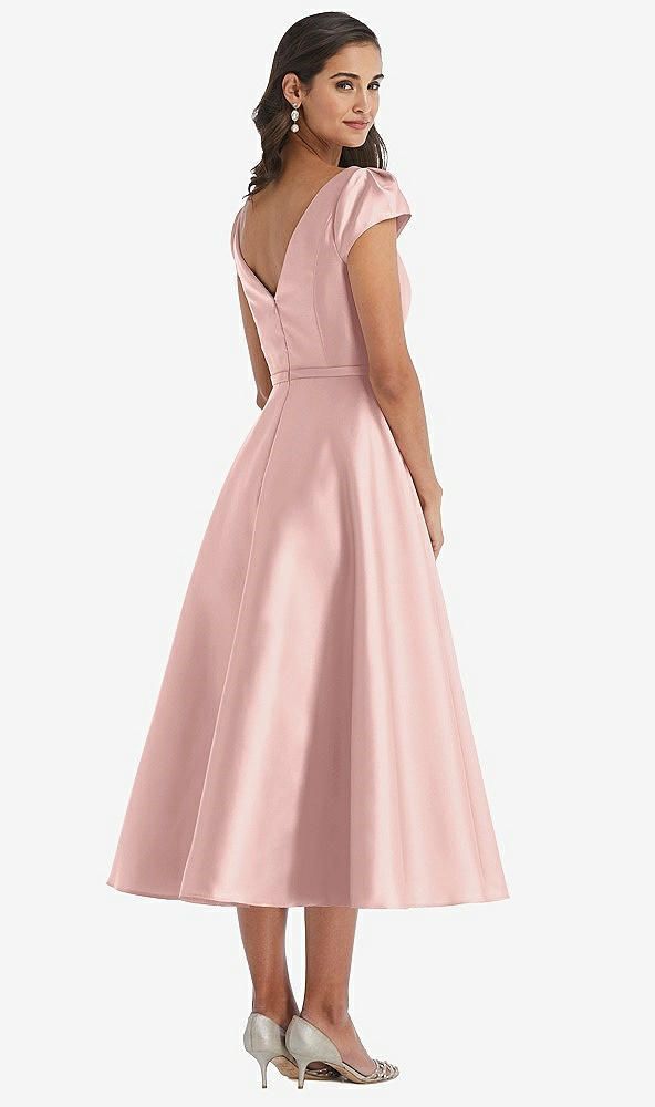 Back View - Rose Puff Sleeve Bow-Waist Full Skirt Satin Midi Dress