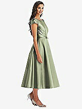 Front View Thumbnail - Sage Puff Sleeve Bow-Waist Full Skirt Satin Midi Dress