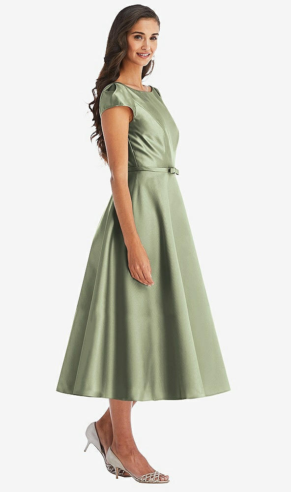 Front View - Sage Puff Sleeve Bow-Waist Full Skirt Satin Midi Dress