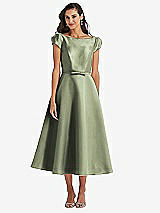 Side View Thumbnail - Sage Puff Sleeve Bow-Waist Full Skirt Satin Midi Dress