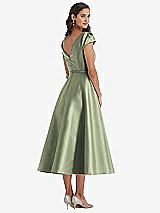 Rear View Thumbnail - Sage Puff Sleeve Bow-Waist Full Skirt Satin Midi Dress