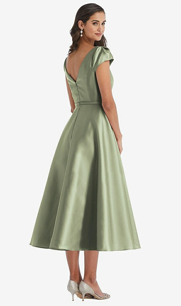 Back View - Sage Puff Sleeve Bow-Waist Full Skirt Satin Midi Dress