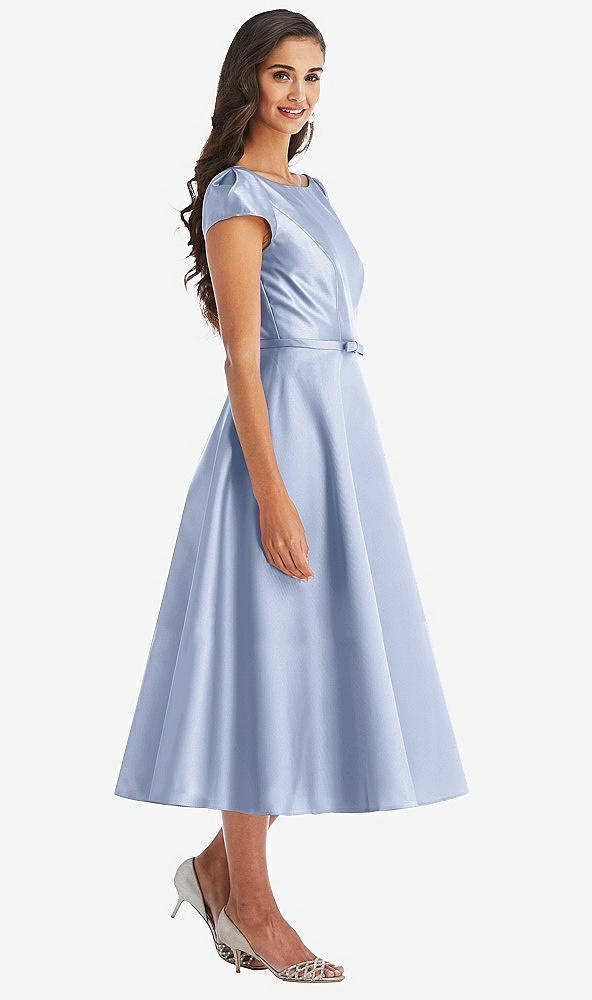 Front View - Sky Blue Puff Sleeve Bow-Waist Full Skirt Satin Midi Dress