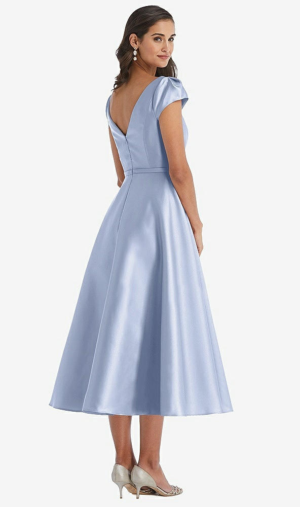 Back View - Sky Blue Puff Sleeve Bow-Waist Full Skirt Satin Midi Dress