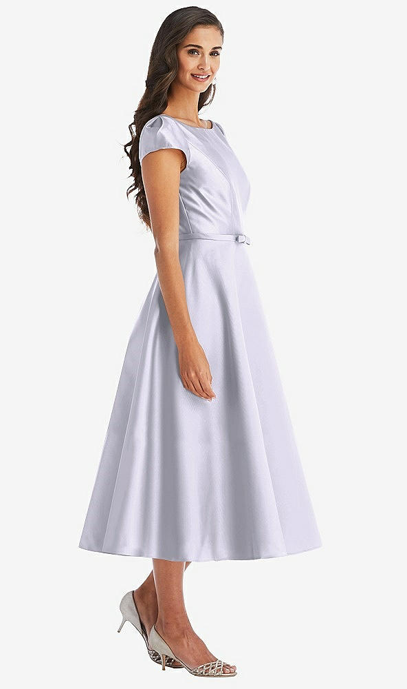 Front View - Silver Dove Puff Sleeve Bow-Waist Full Skirt Satin Midi Dress