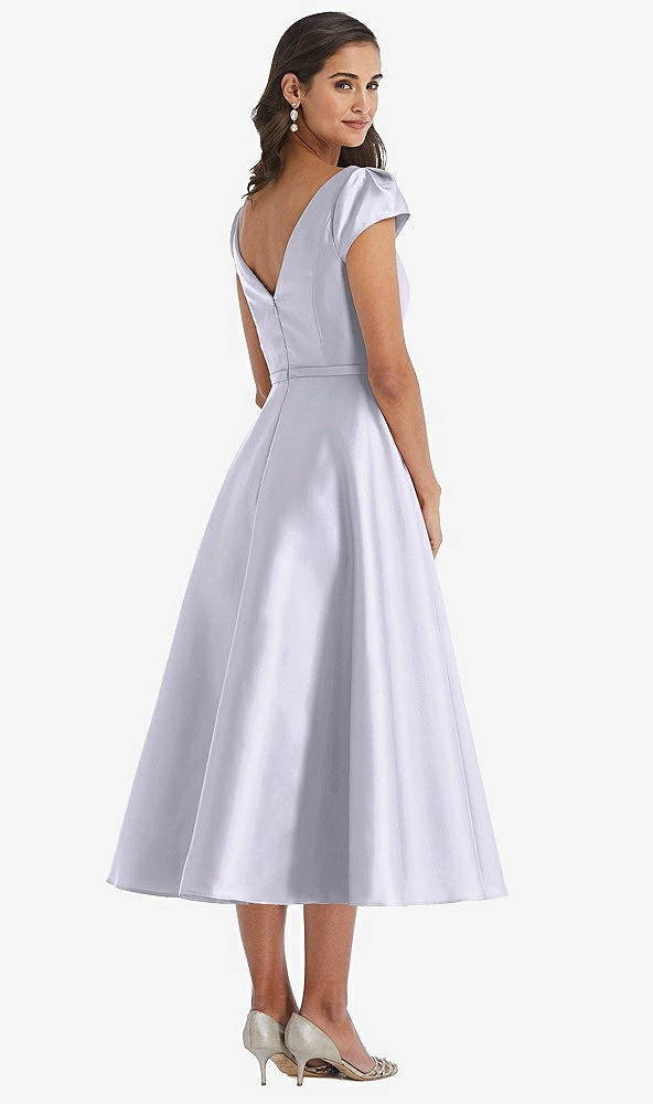 Back View - Silver Dove Puff Sleeve Bow-Waist Full Skirt Satin Midi Dress