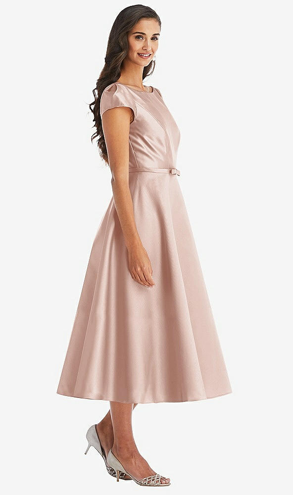 Front View - Toasted Sugar Puff Sleeve Bow-Waist Full Skirt Satin Midi Dress