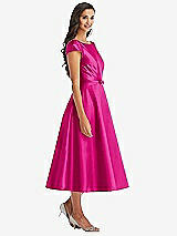 Front View Thumbnail - Think Pink Puff Sleeve Bow-Waist Full Skirt Satin Midi Dress