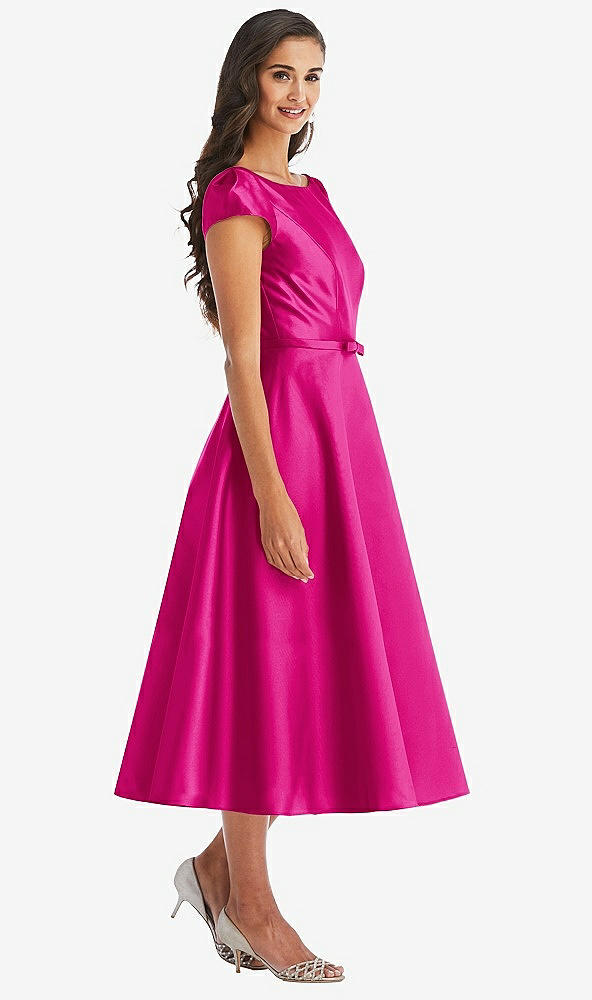 Front View - Think Pink Puff Sleeve Bow-Waist Full Skirt Satin Midi Dress