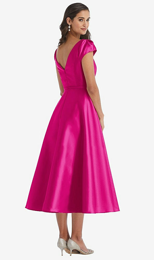 Back View - Think Pink Puff Sleeve Bow-Waist Full Skirt Satin Midi Dress