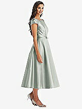 Front View Thumbnail - Willow Green Puff Sleeve Bow-Waist Full Skirt Satin Midi Dress