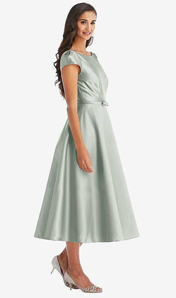 Front View - Willow Green Puff Sleeve Bow-Waist Full Skirt Satin Midi Dress