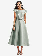 Side View Thumbnail - Willow Green Puff Sleeve Bow-Waist Full Skirt Satin Midi Dress