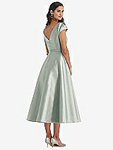 Rear View Thumbnail - Willow Green Puff Sleeve Bow-Waist Full Skirt Satin Midi Dress