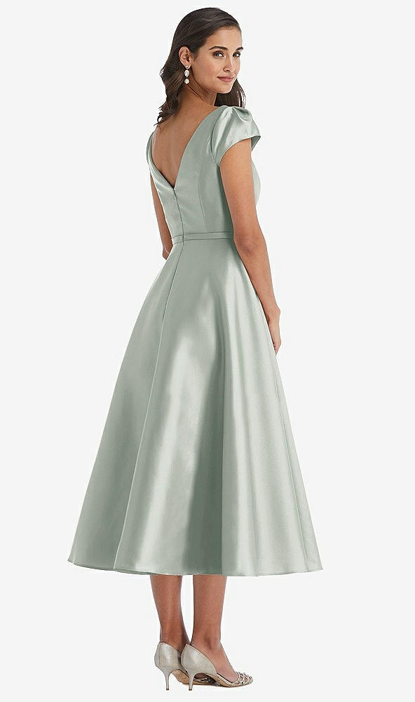 Back View - Willow Green Puff Sleeve Bow-Waist Full Skirt Satin Midi Dress