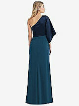 Rear View Thumbnail - Atlantic Blue & Midnight Navy One-Shoulder Bell Sleeve Trumpet Gown