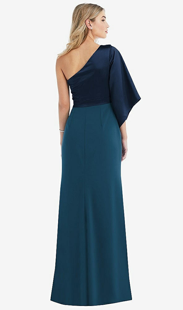 Back View - Atlantic Blue & Midnight Navy One-Shoulder Bell Sleeve Trumpet Gown