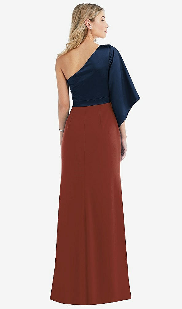 Back View - Auburn Moon & Midnight Navy One-Shoulder Bell Sleeve Trumpet Gown