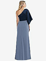 Rear View Thumbnail - Larkspur Blue & Midnight Navy One-Shoulder Bell Sleeve Trumpet Gown