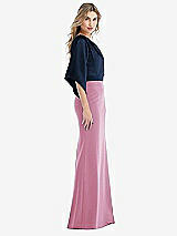 Side View Thumbnail - Powder Pink & Midnight Navy One-Shoulder Bell Sleeve Trumpet Gown