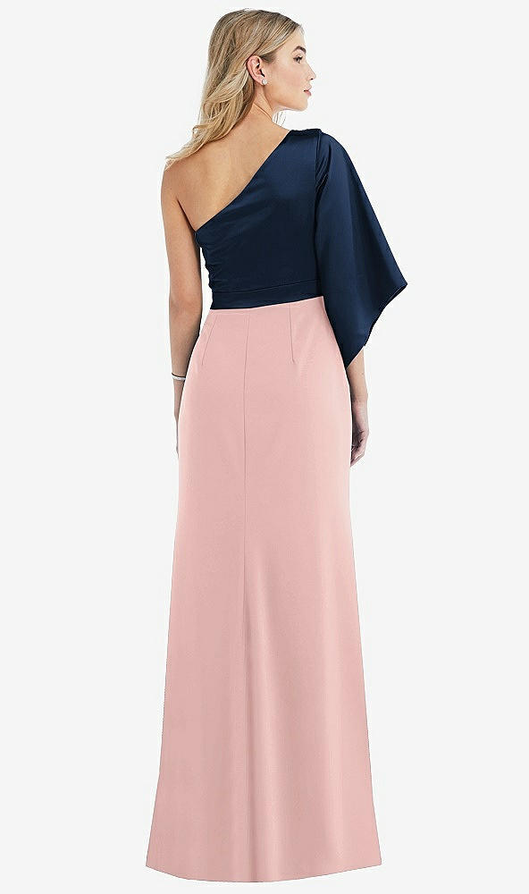 Back View - Rose & Midnight Navy One-Shoulder Bell Sleeve Trumpet Gown