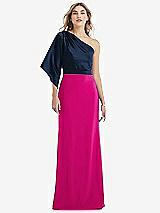 Front View Thumbnail - Think Pink & Midnight Navy One-Shoulder Bell Sleeve Trumpet Gown