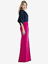 Side View Thumbnail - Think Pink & Midnight Navy One-Shoulder Bell Sleeve Trumpet Gown