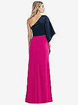 Rear View Thumbnail - Think Pink & Midnight Navy One-Shoulder Bell Sleeve Trumpet Gown