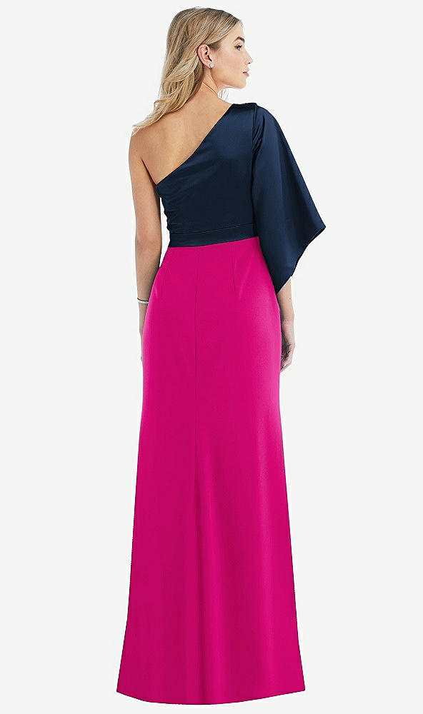 Back View - Think Pink & Midnight Navy One-Shoulder Bell Sleeve Trumpet Gown