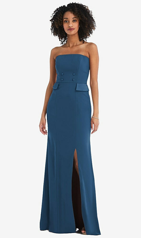 Front View - Dusk Blue Strapless Tuxedo Maxi Dress with Front Slit