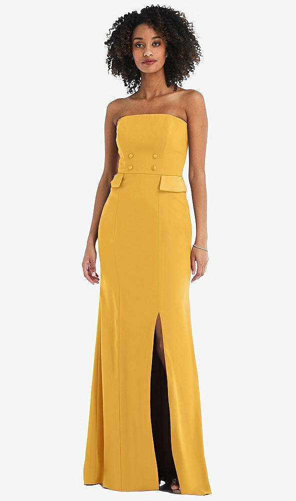 Front View - NYC Yellow Strapless Tuxedo Maxi Dress with Front Slit