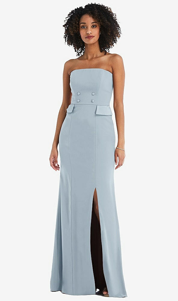 Front View - Mist Strapless Tuxedo Maxi Dress with Front Slit