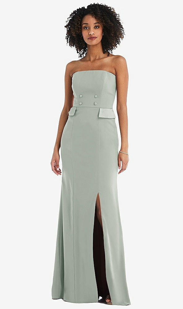 Front View - Willow Green Strapless Tuxedo Maxi Dress with Front Slit