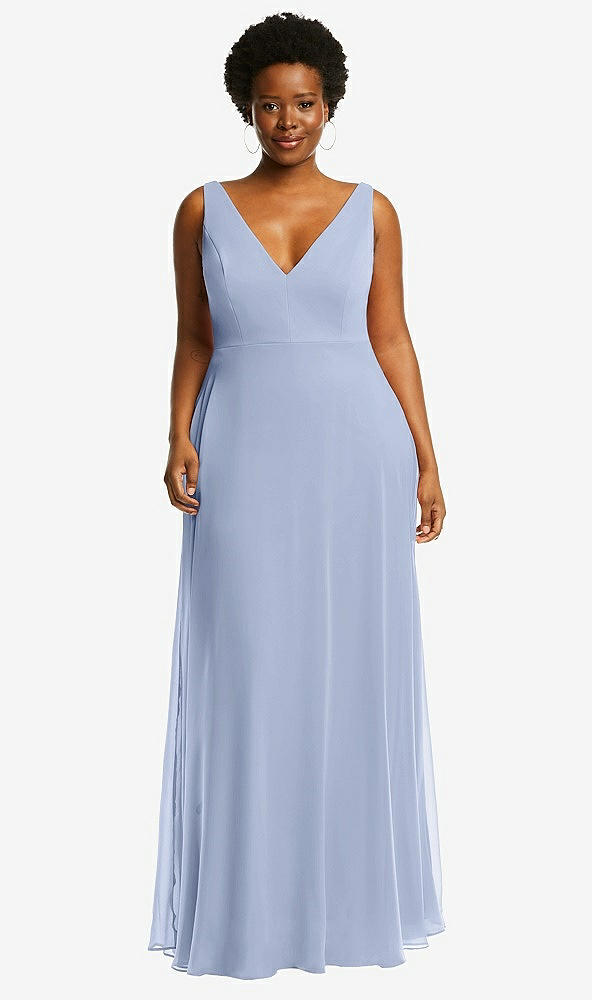 Front View - Sky Blue Deep V-Neck Chiffon Maxi Dress