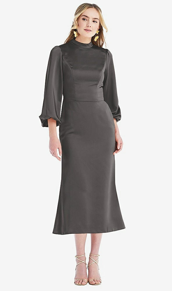 Front View - Caviar Gray High Collar Puff Sleeve Midi Dress - Bronwyn