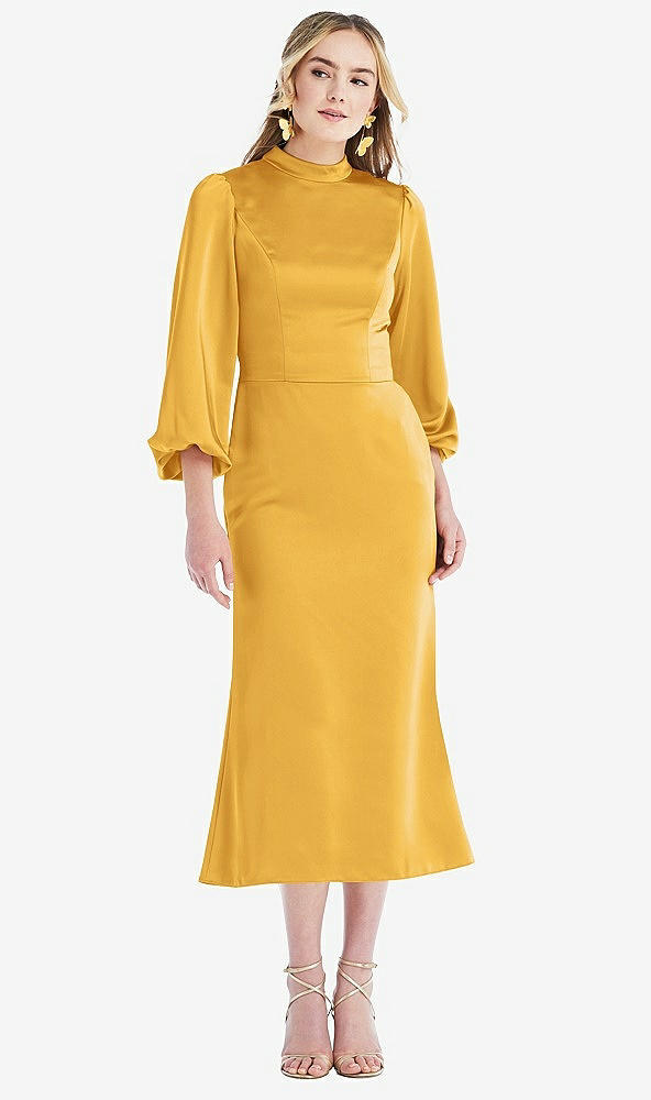 Front View - NYC Yellow High Collar Puff Sleeve Midi Dress - Bronwyn