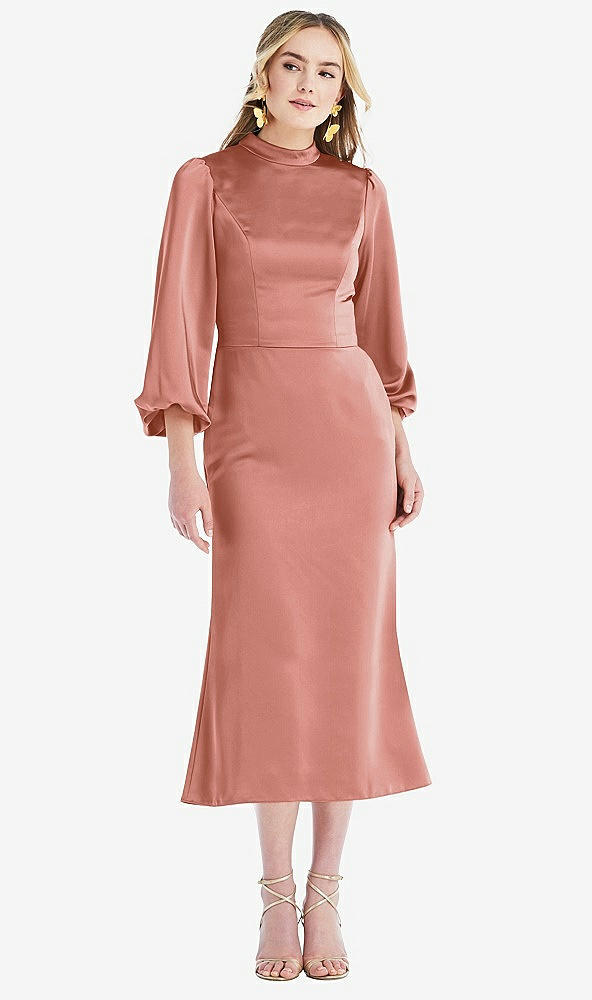 Front View - Desert Rose High Collar Puff Sleeve Midi Dress - Bronwyn