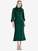 Front View Thumbnail - Hunter Green High Collar Puff Sleeve Midi Dress - Bronwyn