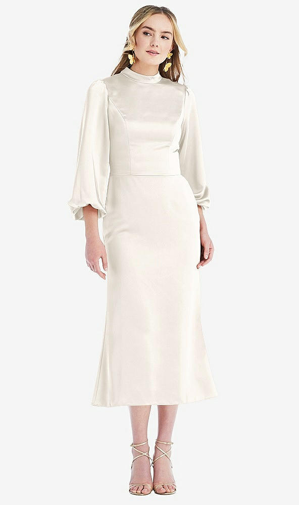 Front View - Ivory High Collar Puff Sleeve Midi Dress - Bronwyn